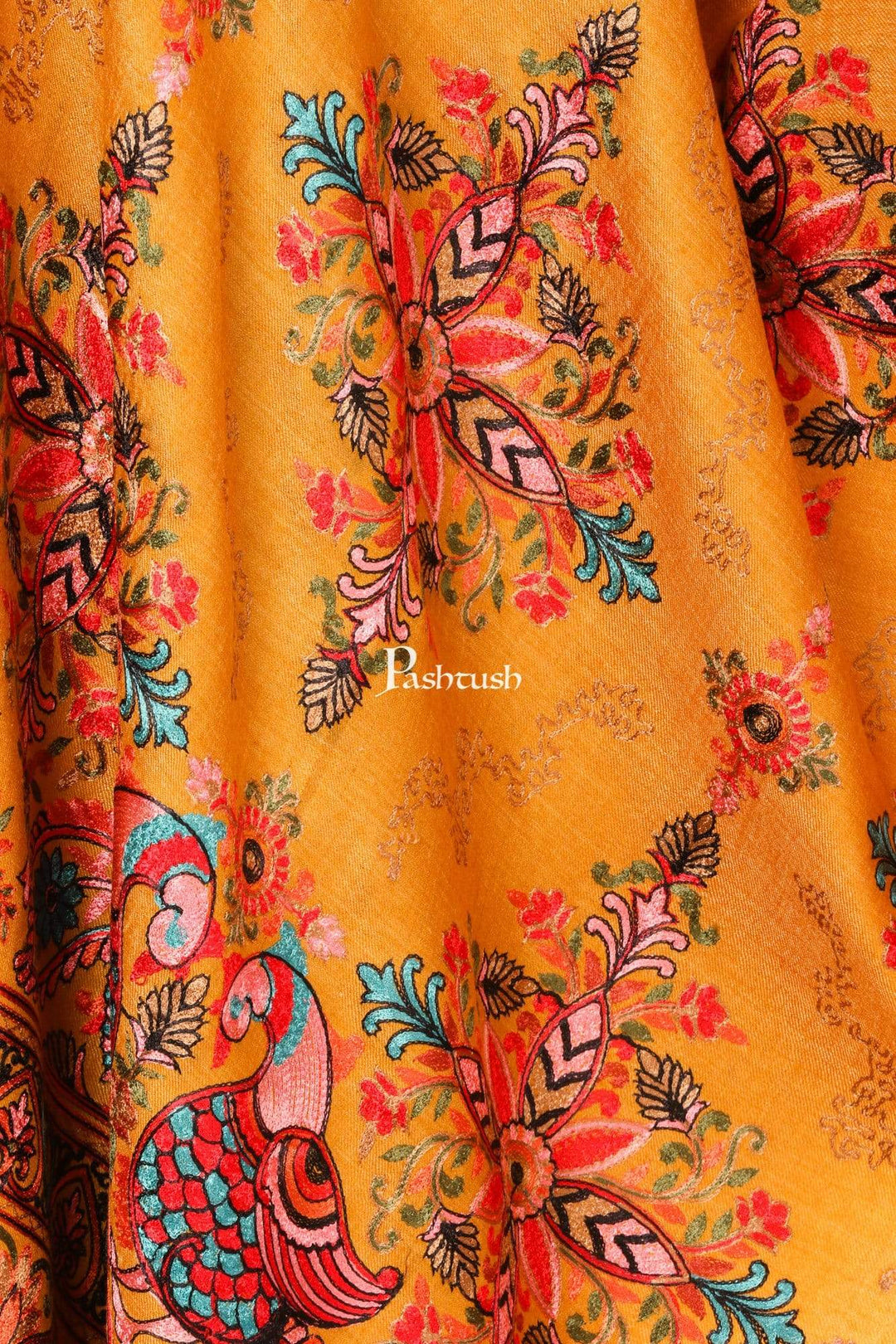 Pashtush Shawl Store Stole Pashtush Tres Chic Regal Collection, Wool Embroidery Nalki Shawl Scarf, Rich Mustard