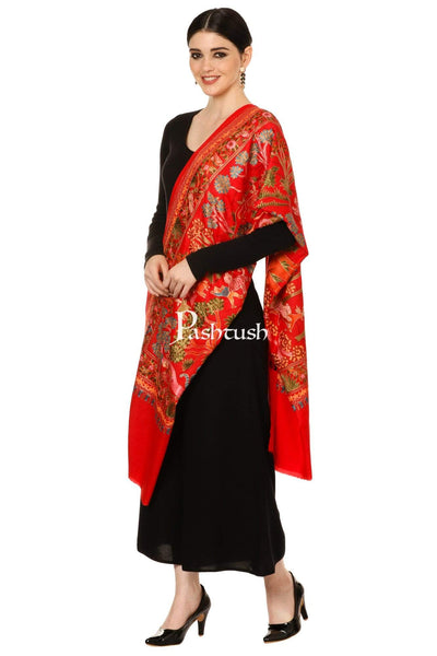 Pashtush Shawl Store Stole Pashtush Tres Chic Regal Collection, Wool Embroidery Nalki Shawl Scarf, Scarlet Red