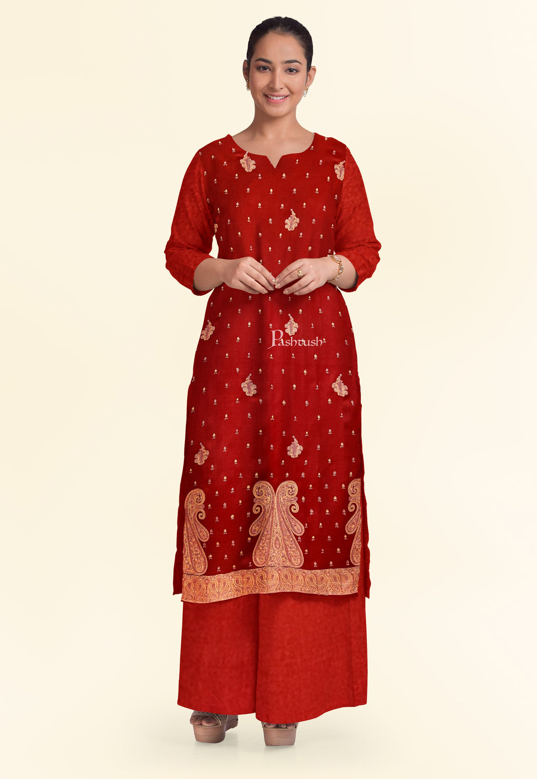 Pashtush India Apparel & Accessories Pashtush Unstitched Kashmiri Embroidery Suit with shawl, Fine Wool, Soft and Warm, Red