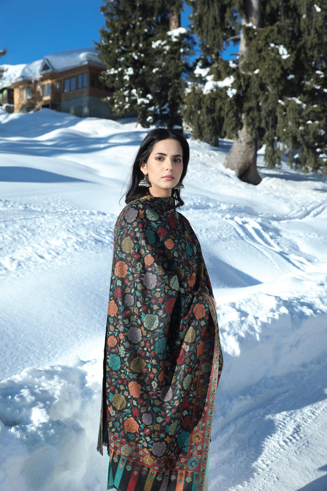 Pashtush India 70x200 Pashtush Women Extra Fine Wool, Gulaabdar Stole, Kaani Weave, Black
