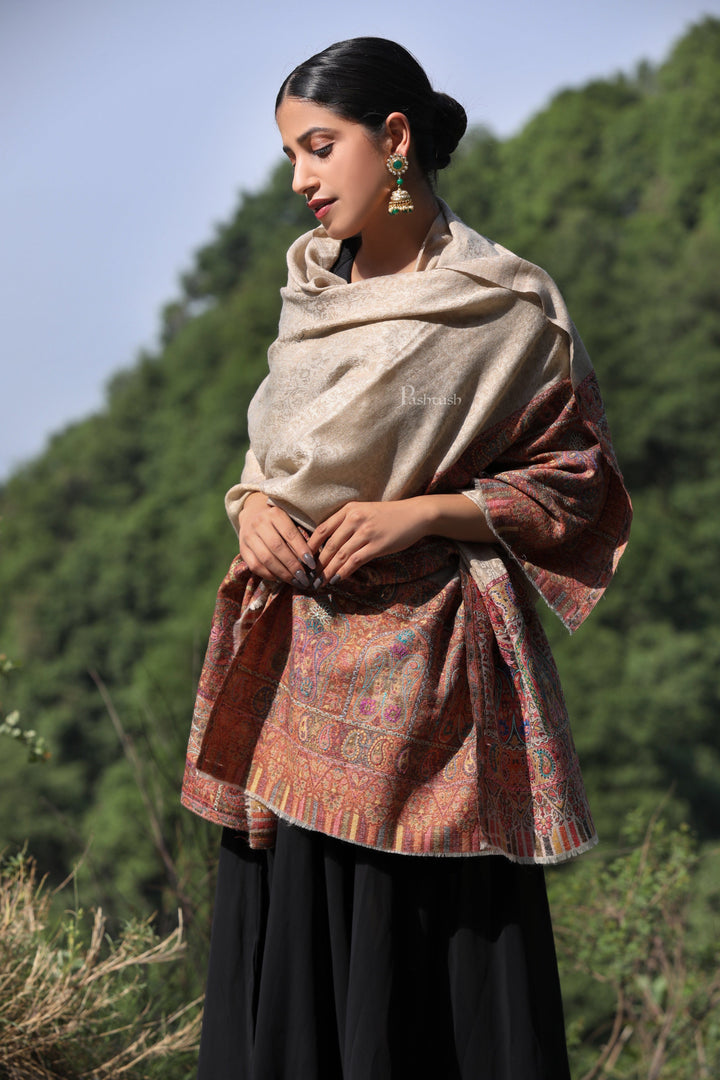 Pashtush India Womens Shawls Pashtush women Extra Fine Wool shawl, Ethnic design, Beige