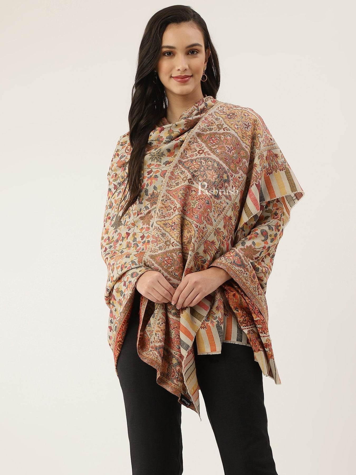 pashtush pashmina pashtush women extra fine wool shawl ethnic motifs design beige