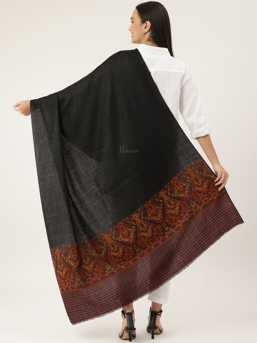 Pashtush India Womens Shawls Pashtush Women Extra Fine Wool shawl, Ethnic motifs design, Black