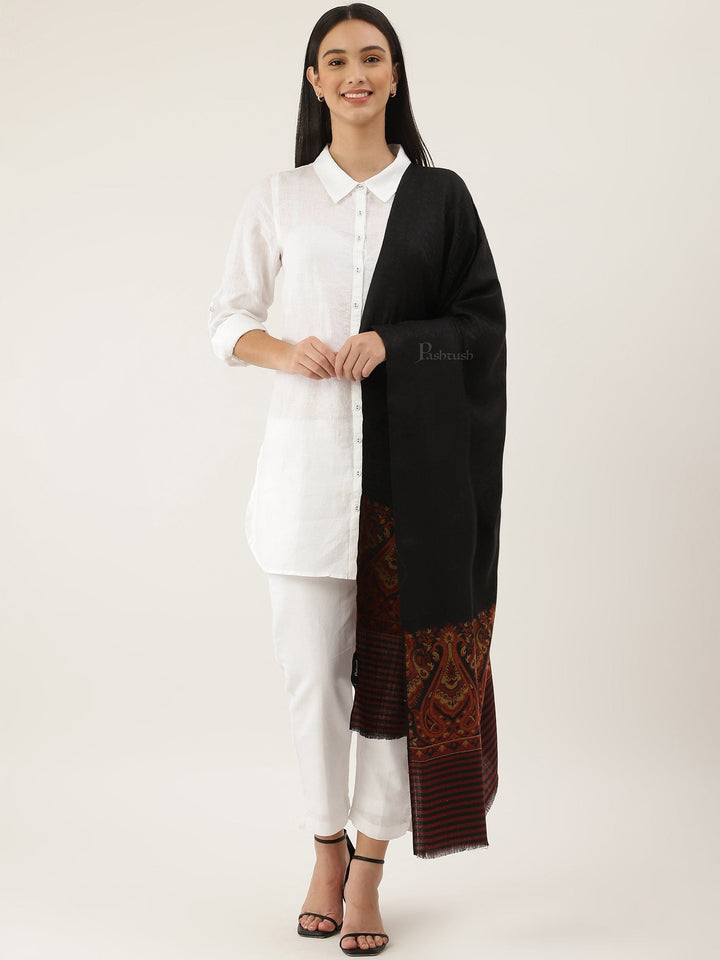 Pashtush India Womens Shawls Pashtush Women Extra Fine Wool shawl, Ethnic motifs design, Black