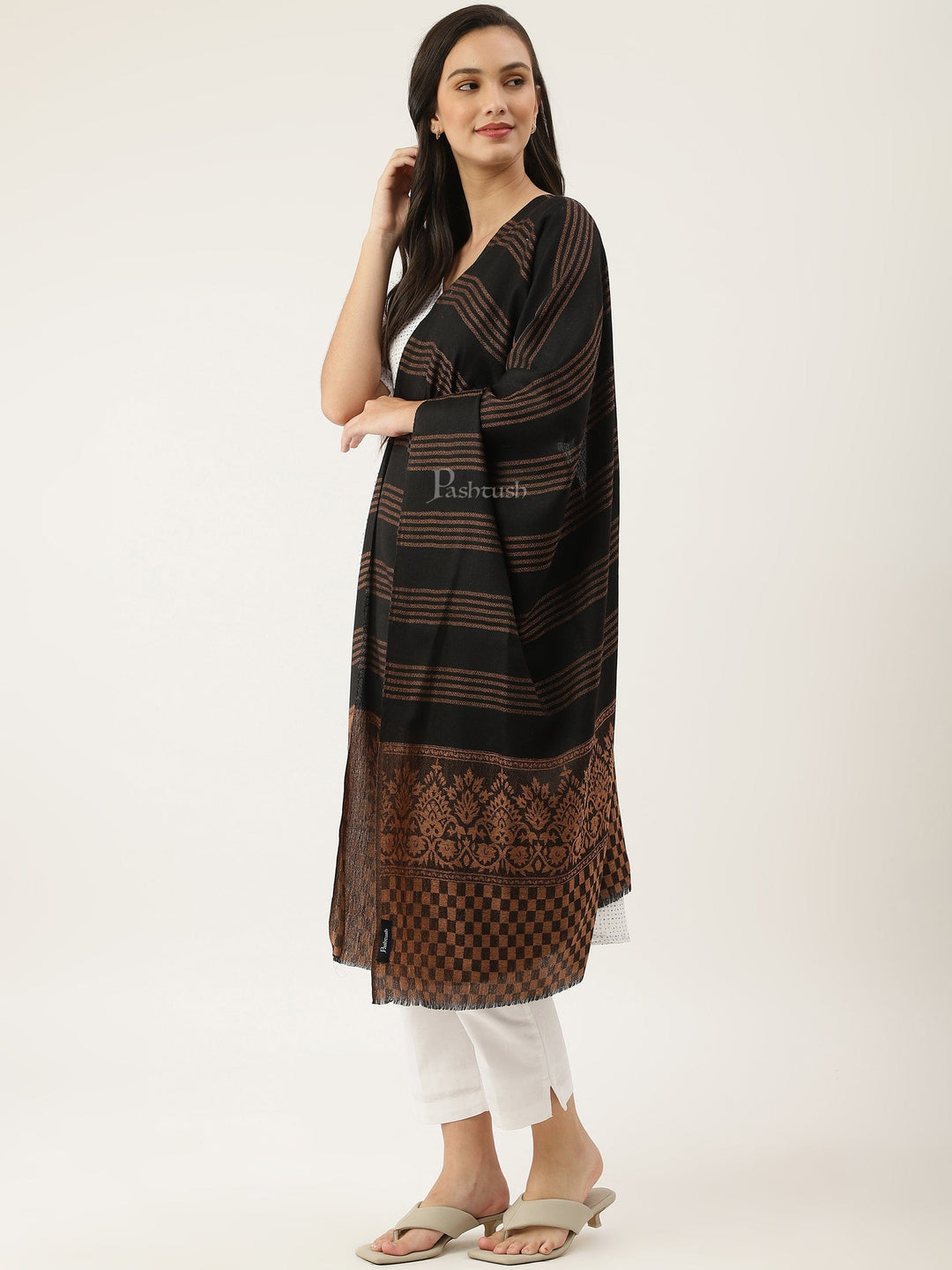 Pashtush India Womens Stoles and Scarves Scarf Pashtush women Extra Fine Wool stole, check design, black
