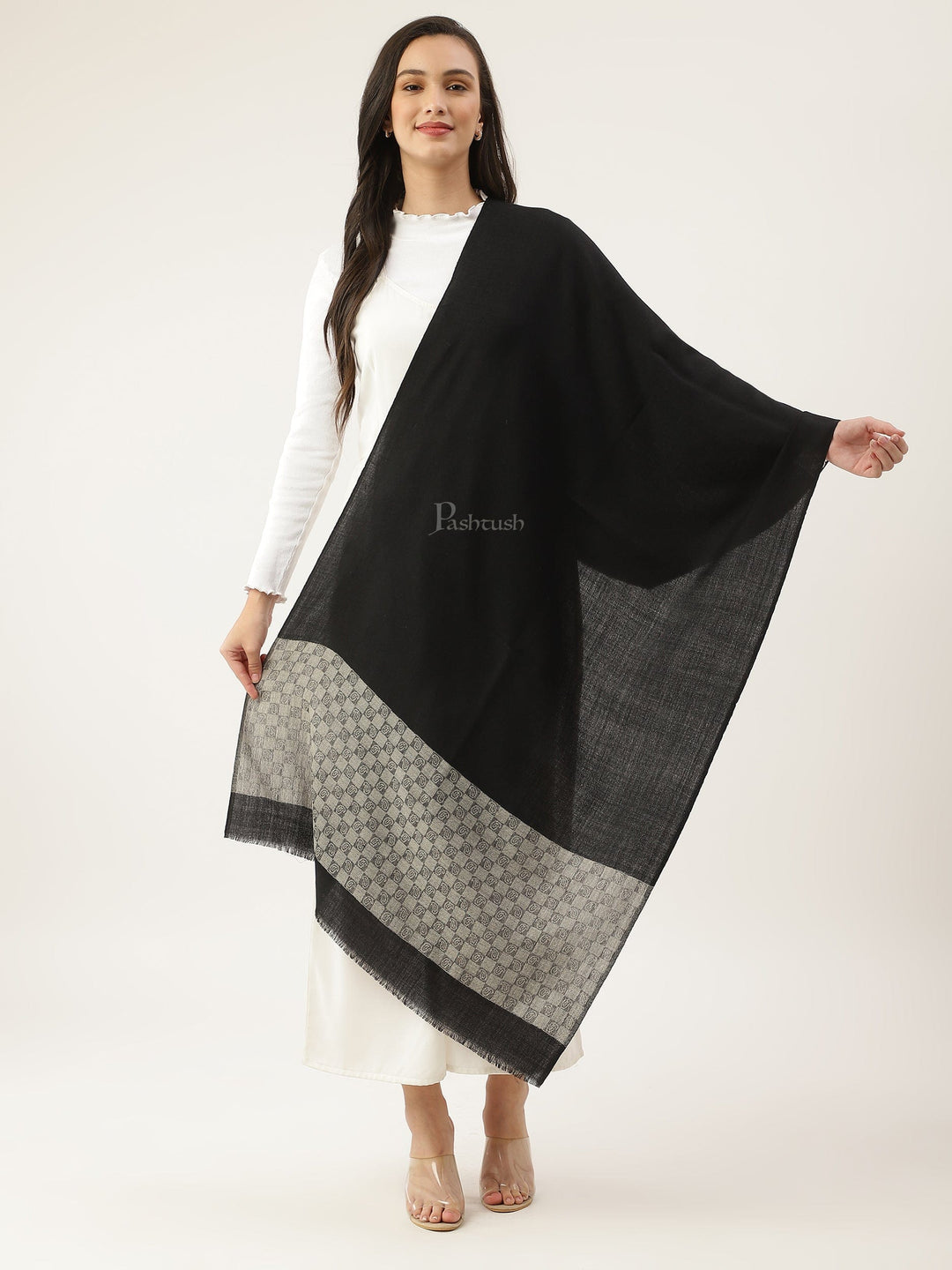Pashtush India Womens Stoles and Scarves Scarf Pashtush women Extra Fine Wool stole, check palla design, Black
