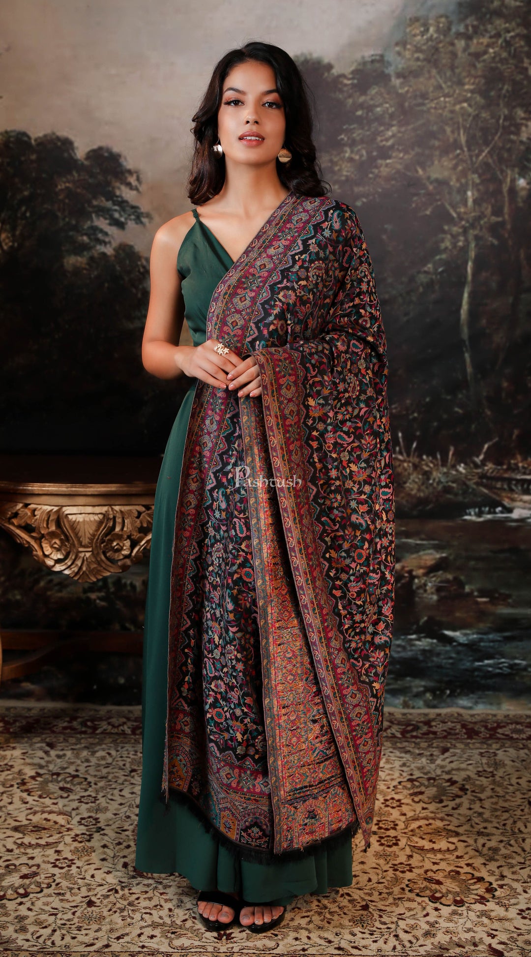 Pashtush women faux pashmina shawl, ethnic weave design, black – Pashtush  Shawl Store