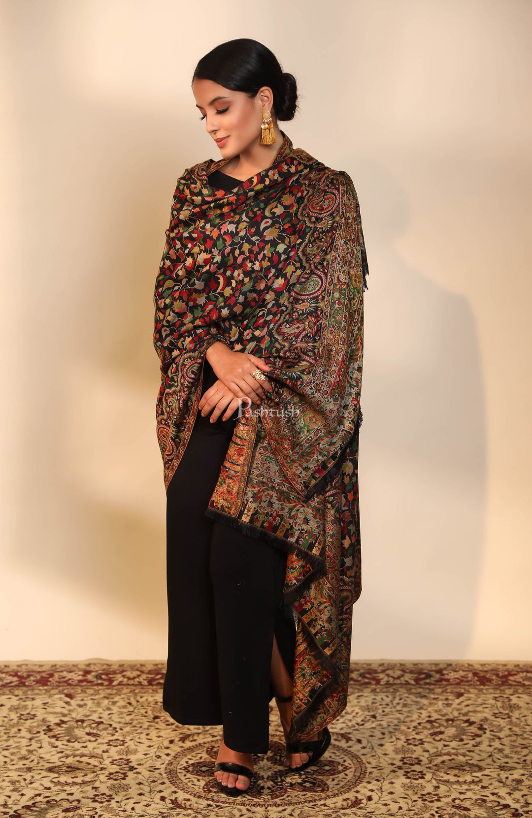 Pashtush women faux pashmina shawl, ethnic weave design, black