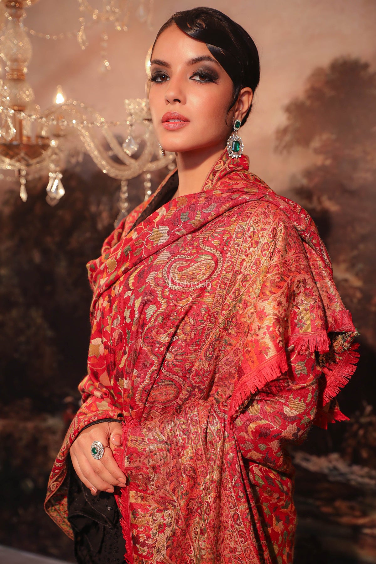 Pashtush women faux pashmina shawl, ethnic weave design, beige