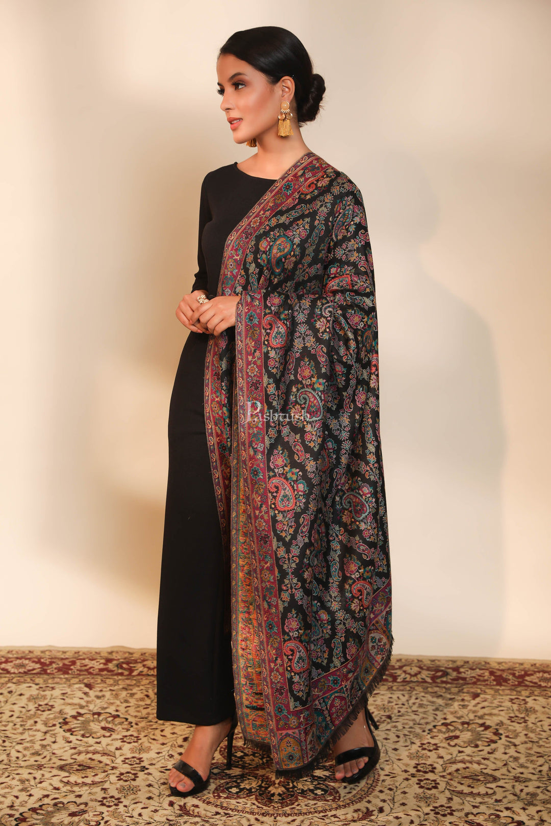 Pashtush women faux pashmina shawl, ethnic weave design, multi