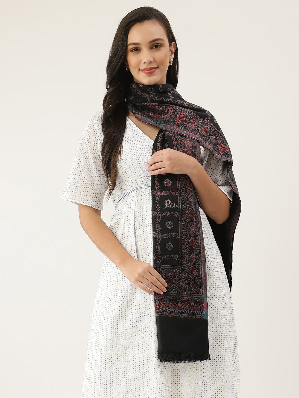 Pashtush India Womens Stoles and Scarves Scarf Pashtush women Faux Pashmina stole, paisley weave with zari design, Black