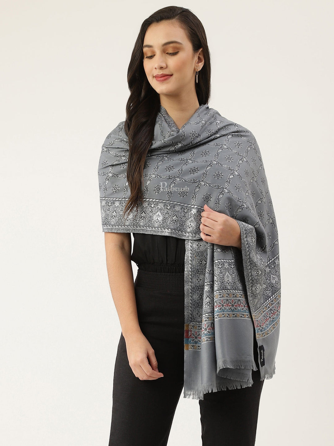 Pashtush India Womens Stoles and Scarves Scarf Pashtush women Faux Pashmina stole, paisley weave with zari design, Grey