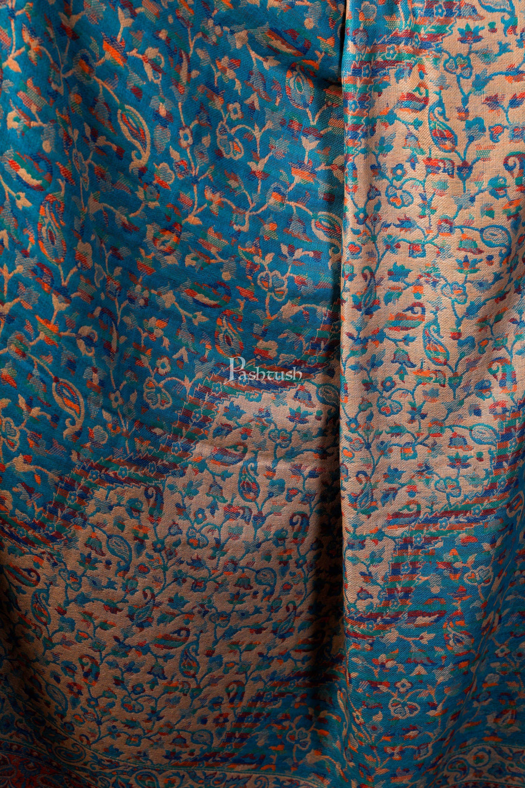 Pashtush India 100x200 Pashtush Women Faux Pashmina, Woven Design Jamawar Shawl, Blue Beige