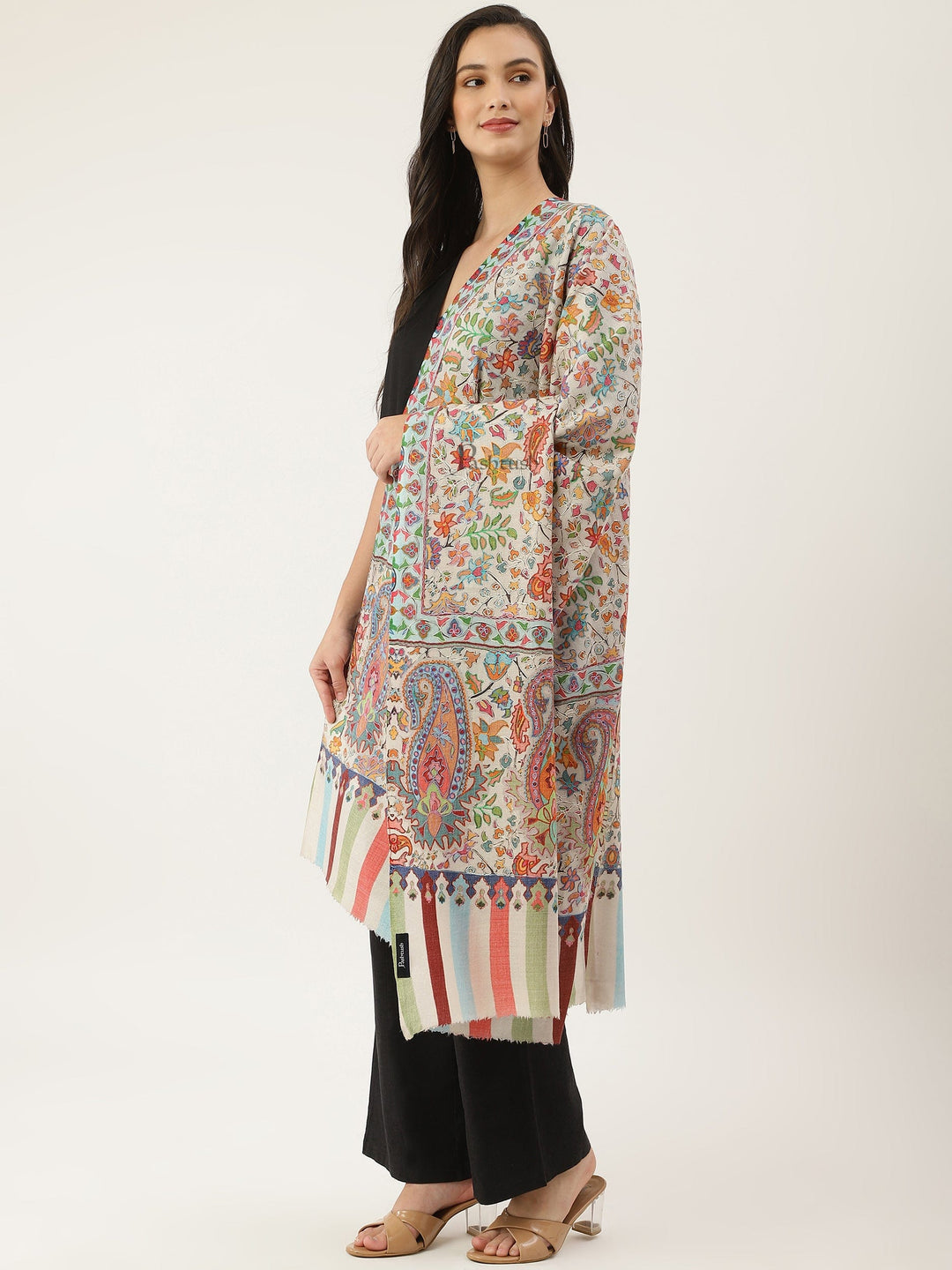 Pashtush India Womens Shawls Pashtush women Fine Wool shawl, Hand Embroidered Kalamkari design, Multicolour