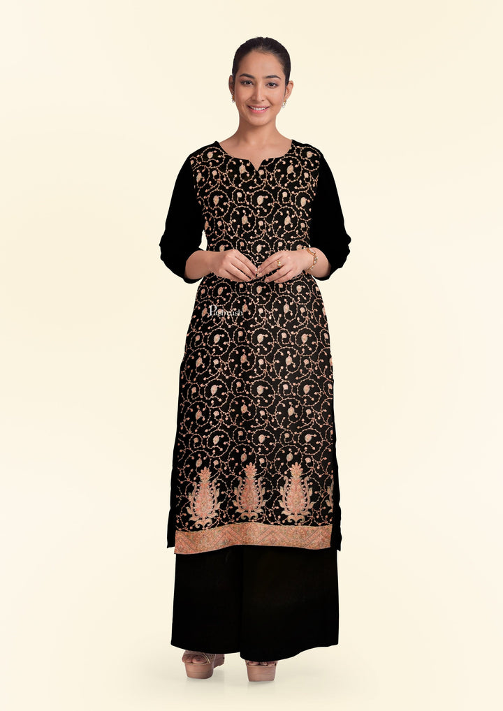 Pashtush India Apparel & Accessories Pashtush women Fine Wool suit, Kashmiri Embroidery design, Black
