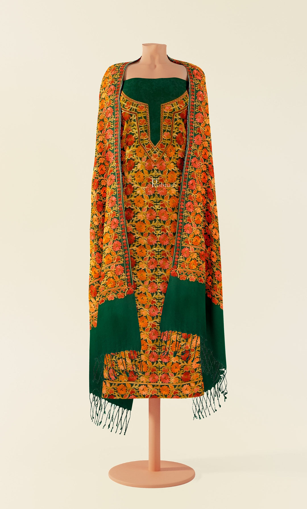 Pashtush India Apparel & Accessories Pashtush women Fine Wool suit with shawl, Kashmiri embroidery design, Bottle Green