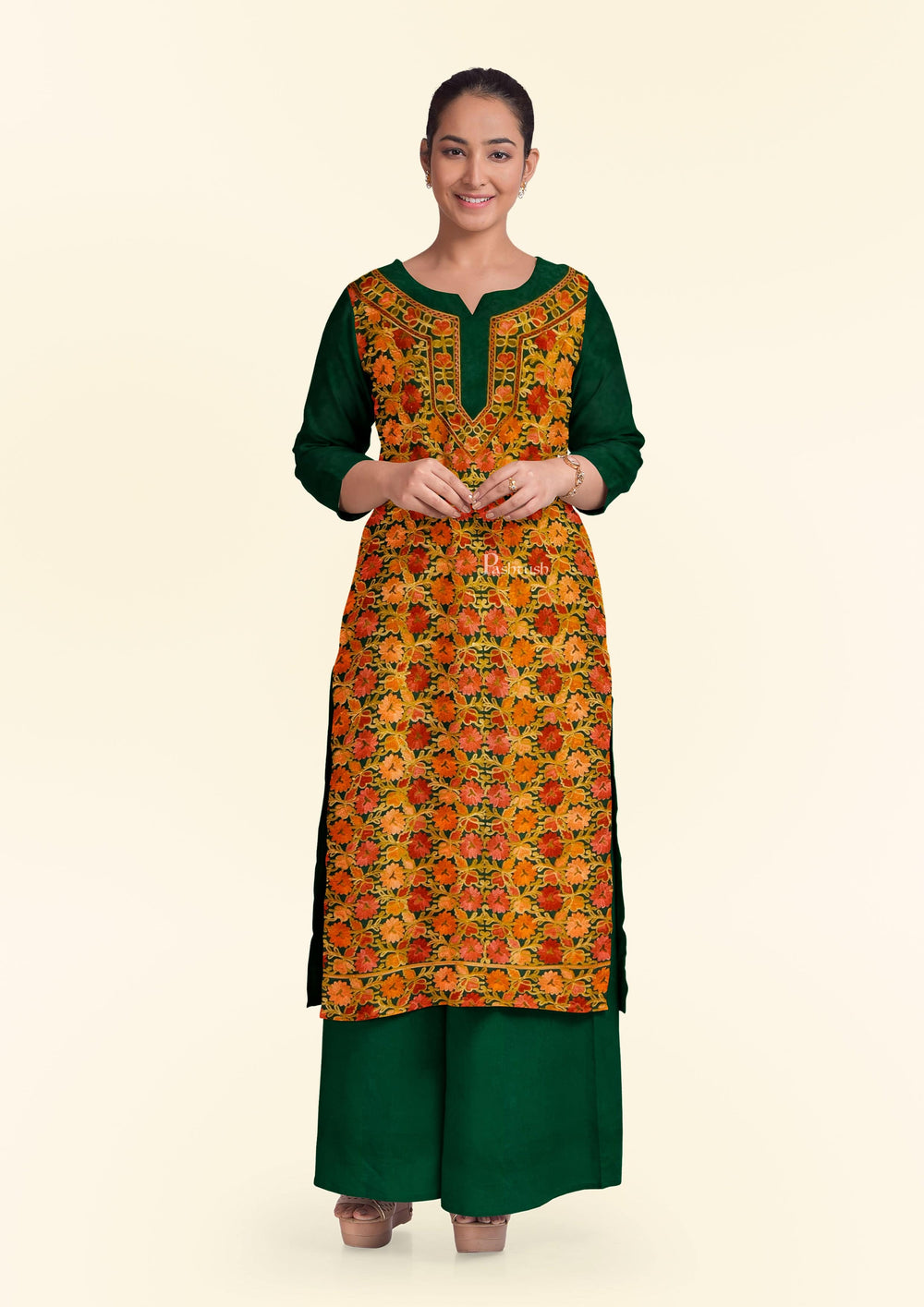 Pashtush India Apparel & Accessories Pashtush women Fine Wool suit with shawl, Kashmiri embroidery design, Bottle Green