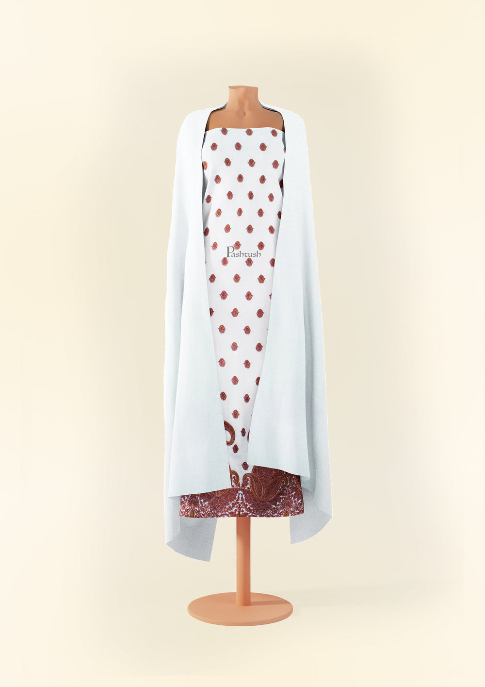 Pashtush India Apparel & Accessories Pashtush women Fine Wool suit with shawl, Kashmiri Embroidery design, Ivory