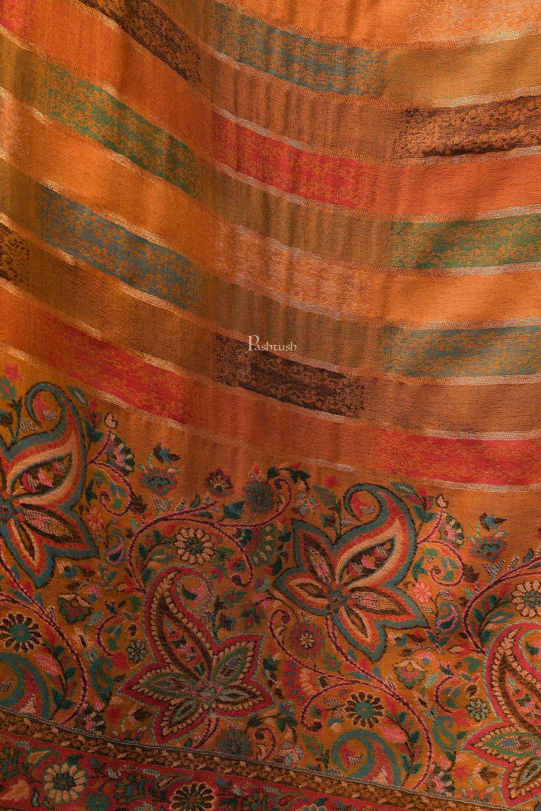 Pashtush India 70x200 Pashtush Women Mustard Pure Wool Striped Kaani Stole
