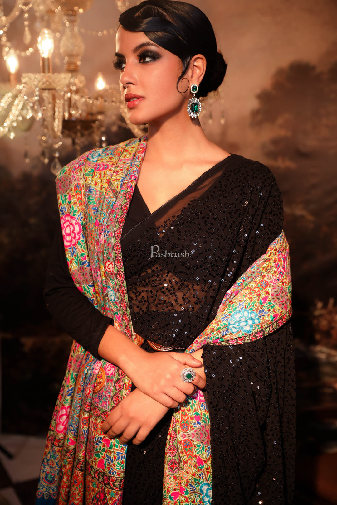 Pashtush India Womens Shawls Pashtush Women Pashmina Handmade Kalamkari Shawl, Multicoloured