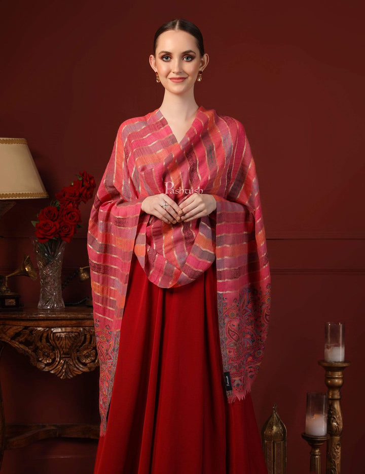 Pashtush India 70x200 Pashtush Women Pink  Grey Pure Wool Striped Kaani Stole