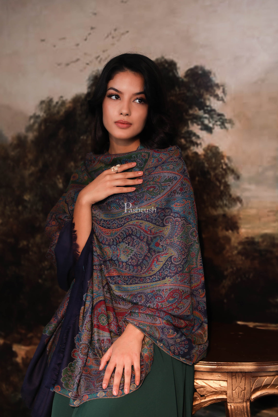 Pashtush India Womens Shawls Pashtush women pure wool, woolmark certificate shawl,  design, navy blue