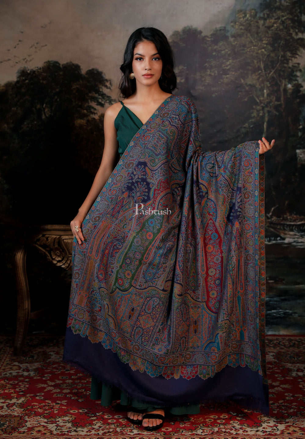 Pashtush India Womens Shawls Pashtush women pure wool, woolmark certificate shawl,  design, navy blue