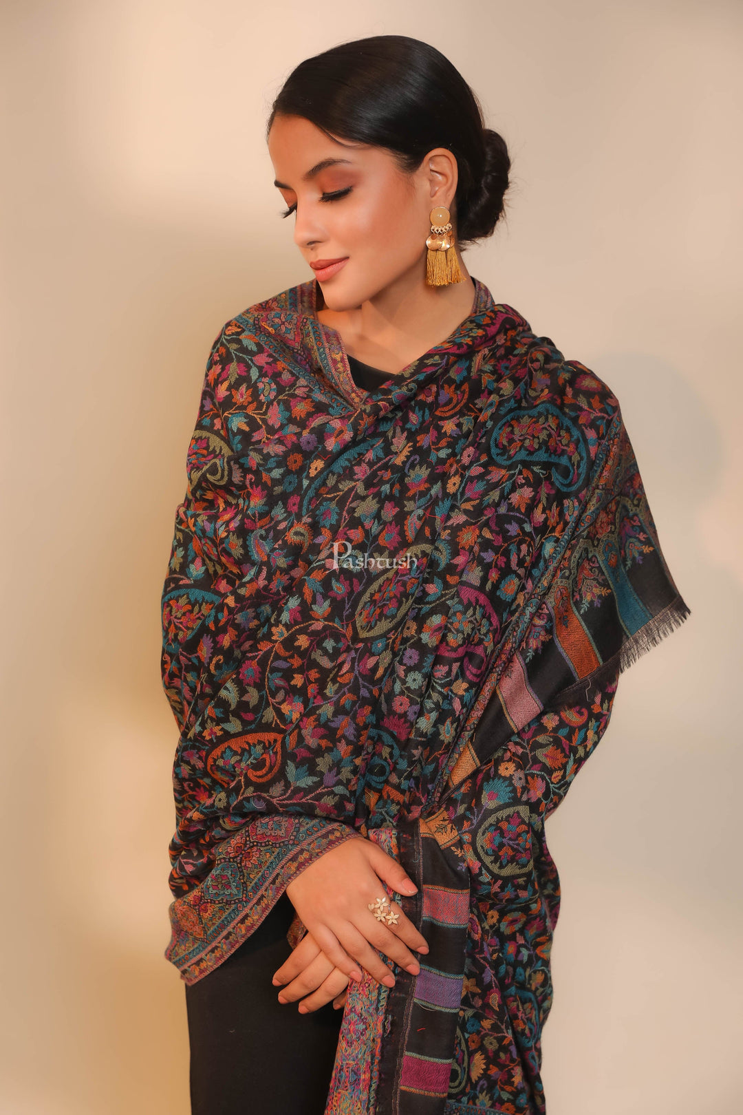 Pashtush India Womens Shawls Pashtush women pure wool, woolmark certified shawl, ethnic weave design, black