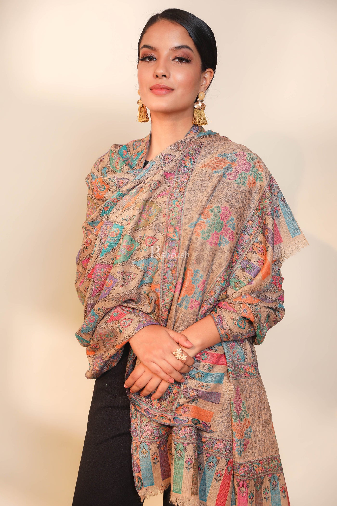 Pashtush India Womens Shawls Pashtush women pure wool, woolmark certified shawl, ethnic weave design, multicolour