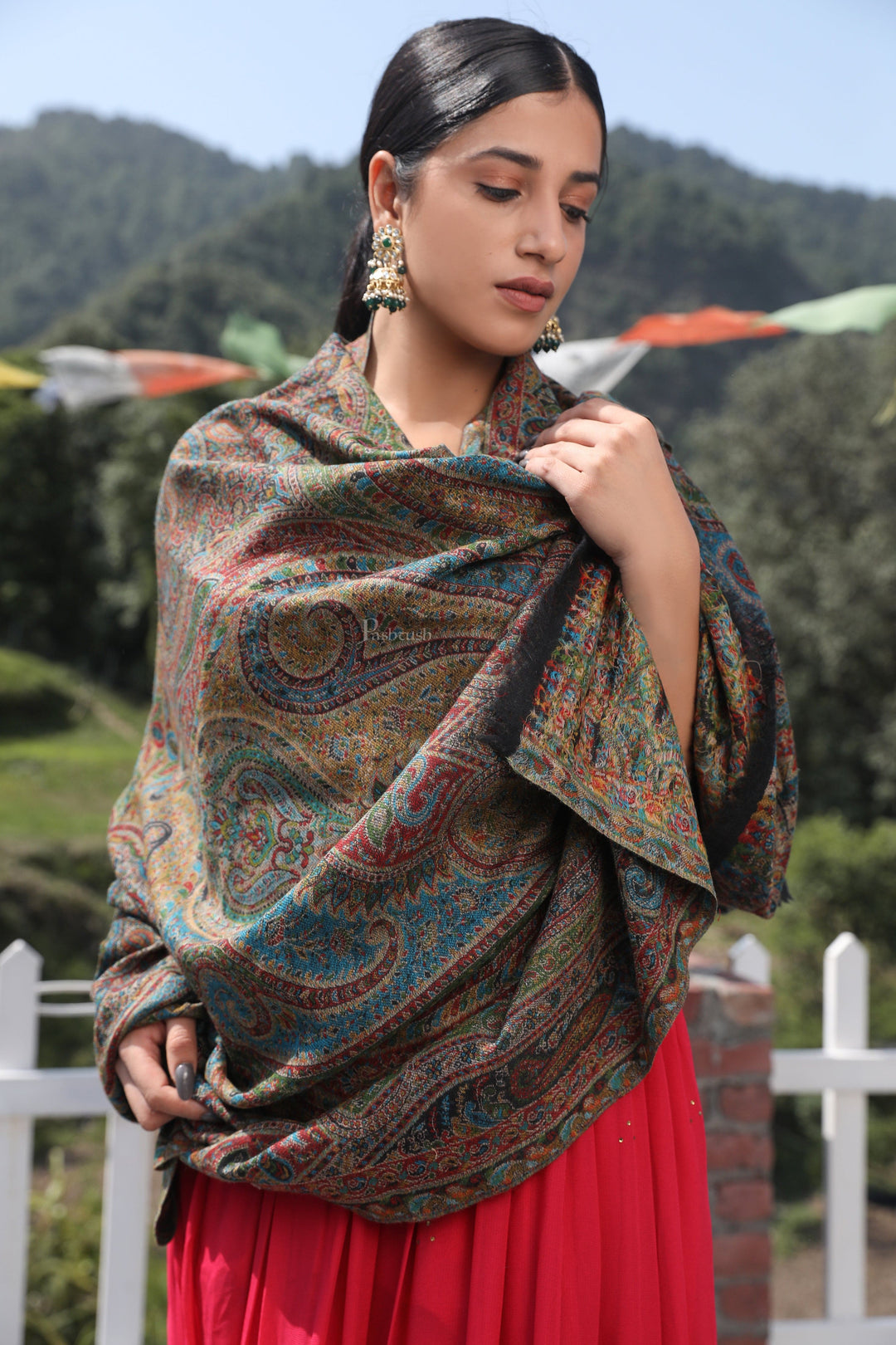 Pashtush India Womens Shawls Pashtush women pure wool, woolmark certified shawl, ethnic weave design, multicolour