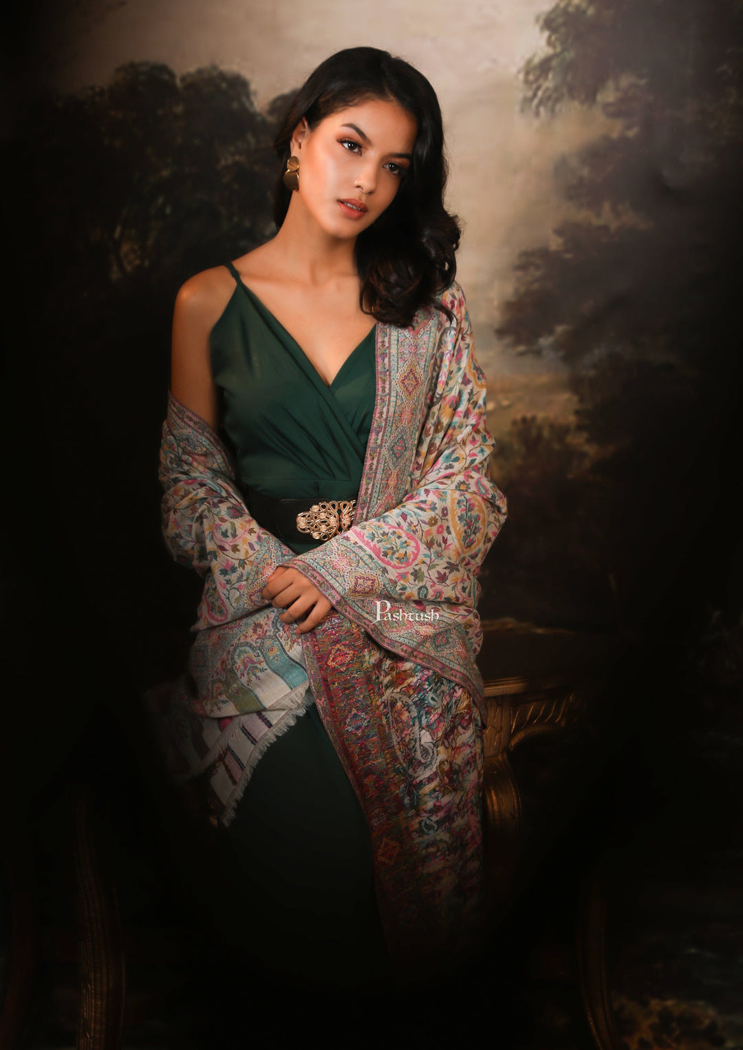 Pashtush India Womens Shawls Pashtush women pure wool, woolmark certified shawl, paisley design, ivory