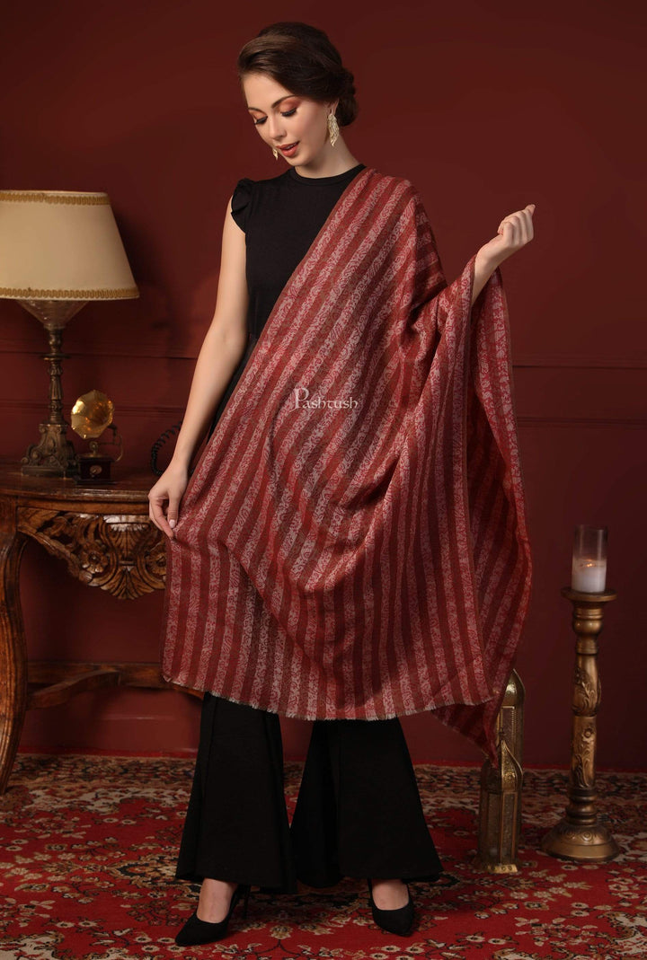 Pashtush India 70x200 Pashtush Women Red Beige Striped Stole, Soft Fine Wool