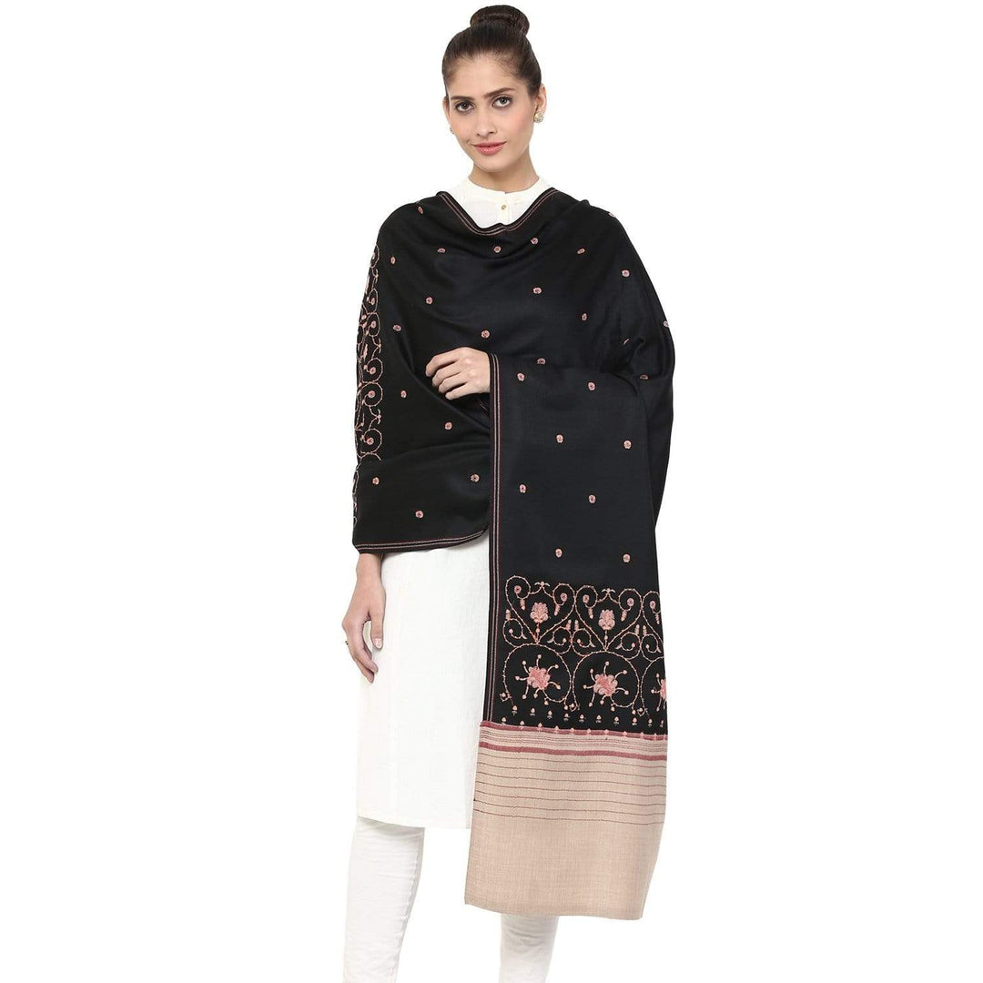 Pashtush Women'S Embroidered Motif Wool Shawl With Palla Black