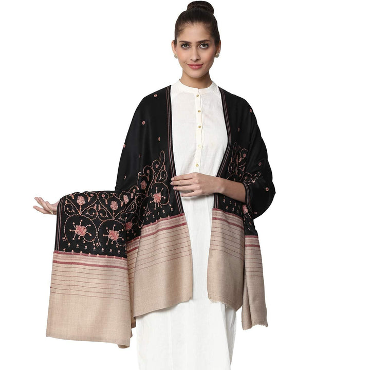 Pashtush Women'S Embroidered Motif Wool Shawl With Palla Black