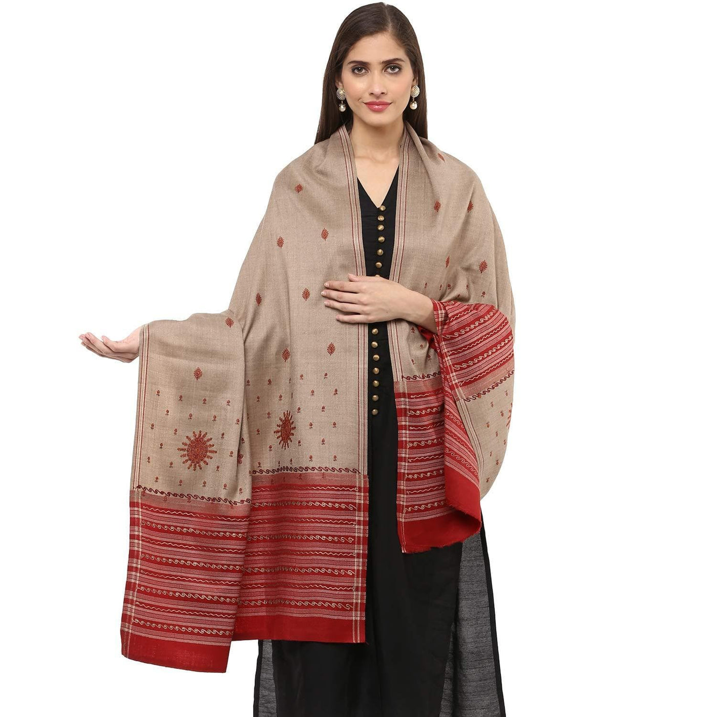 Pashtush Women'S Embroidered Wool Shawl Beige With Maroon Palla
