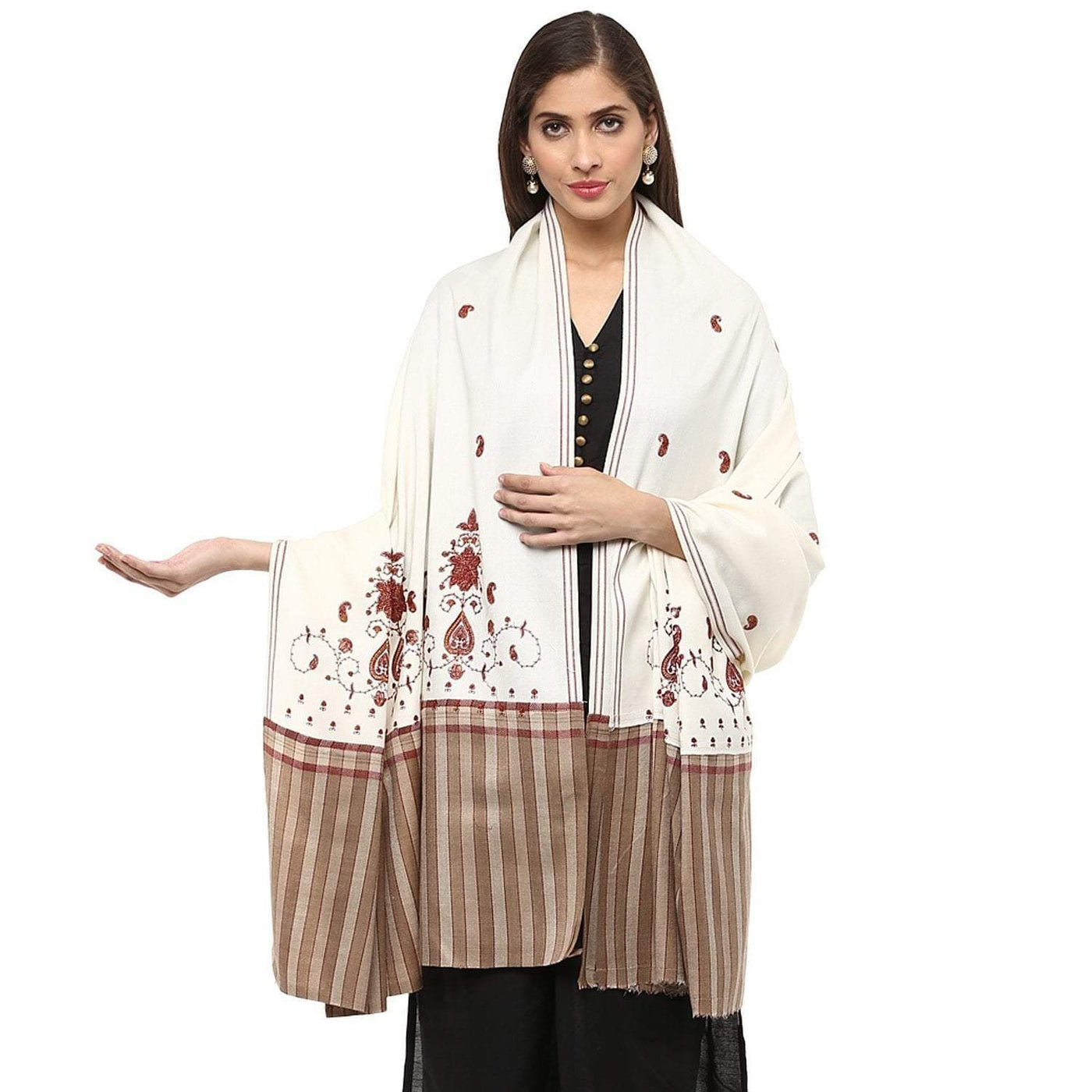 Pashtush India 100x200 Pashtush Women's Embroidered Wool Shawl white with Stripe palla