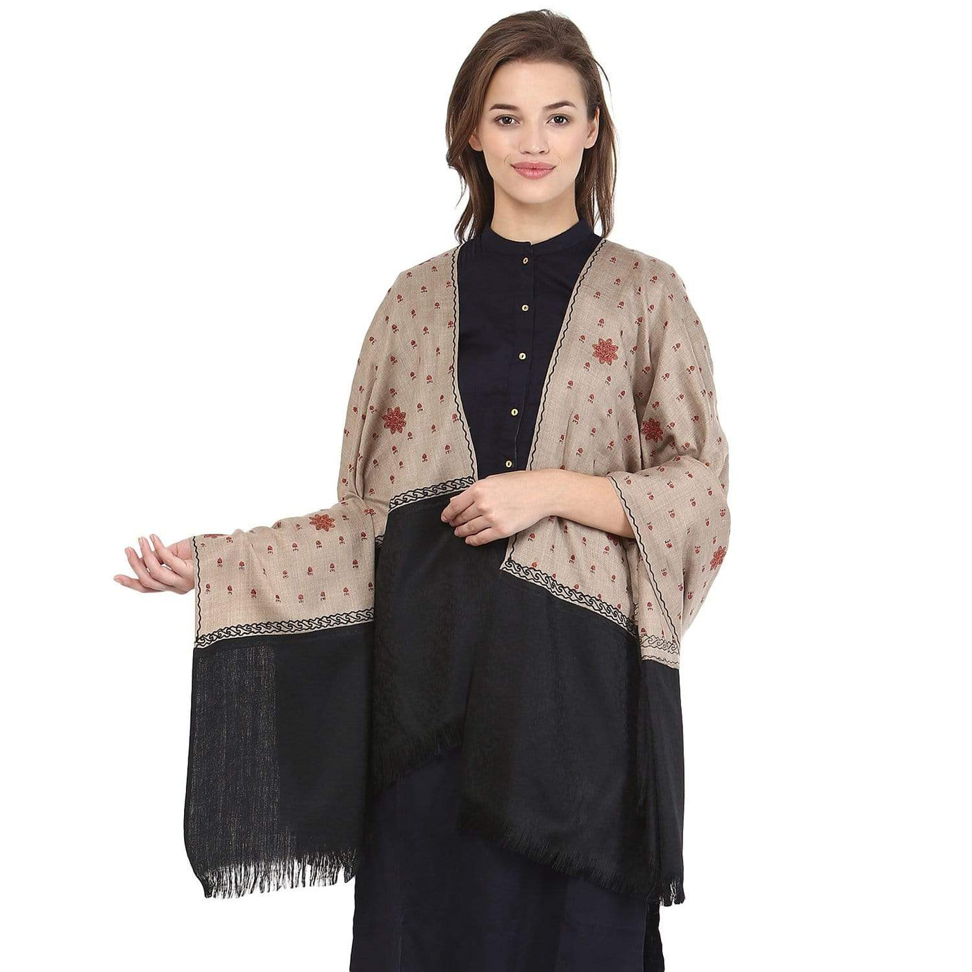 Pashtush Women'S Embroidery Wool Shawl, Beige And Black, Design Shawl