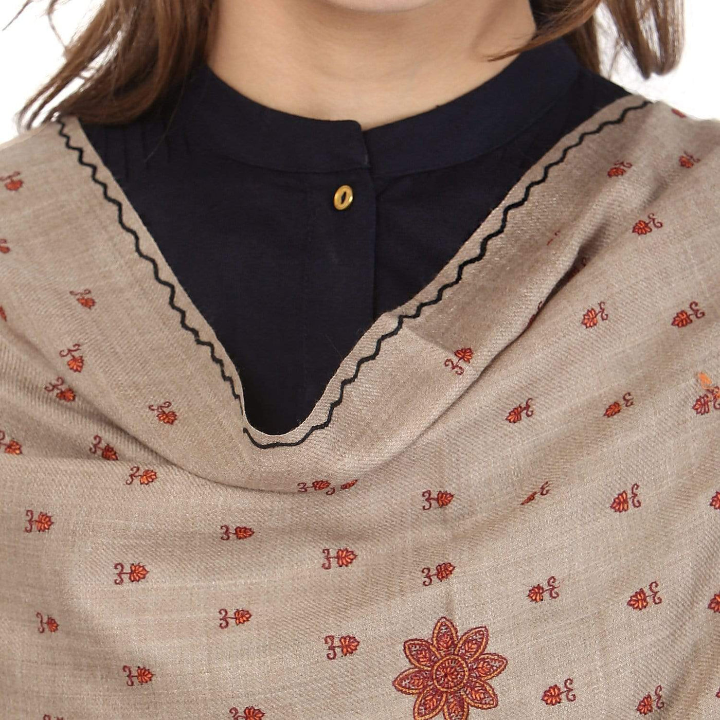 Pashtush Women'S Embroidery Wool Shawl, Beige And Black, Design Shawl