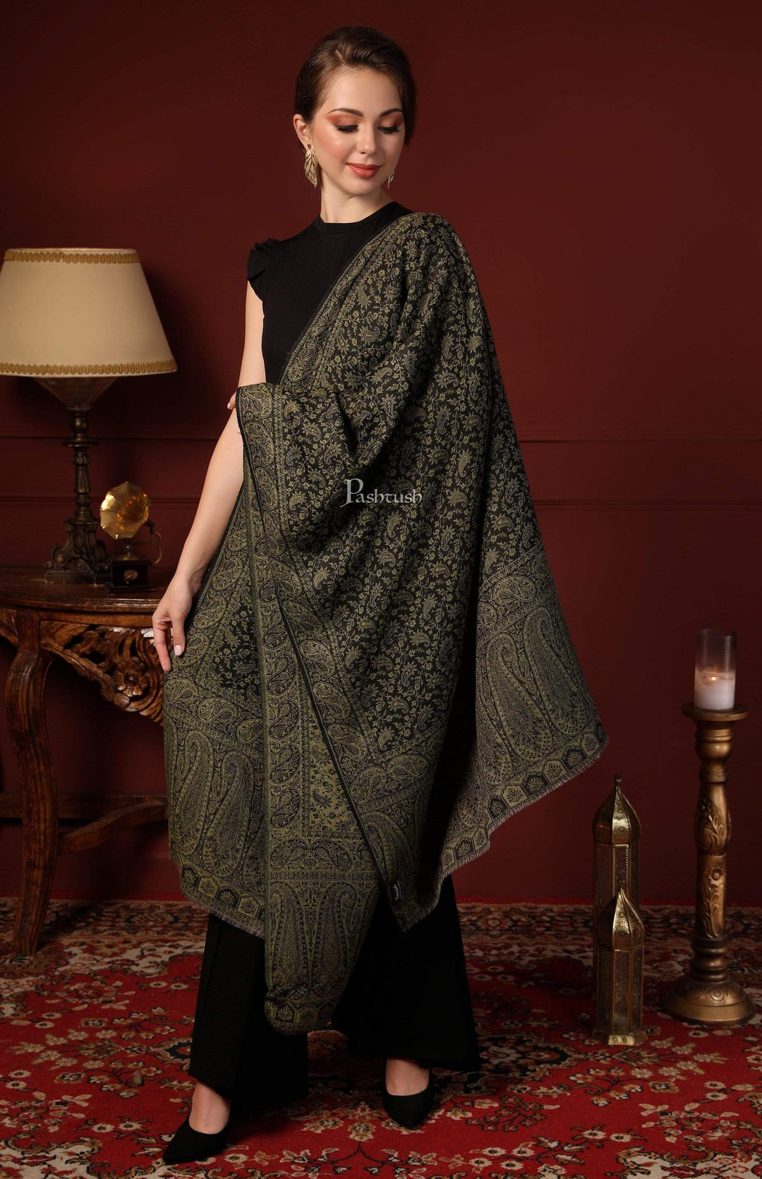 Pashtush India 70x200 Pashtush Women's Ethnic Weave Stole, Fine Wool, Reversible, Olive Green