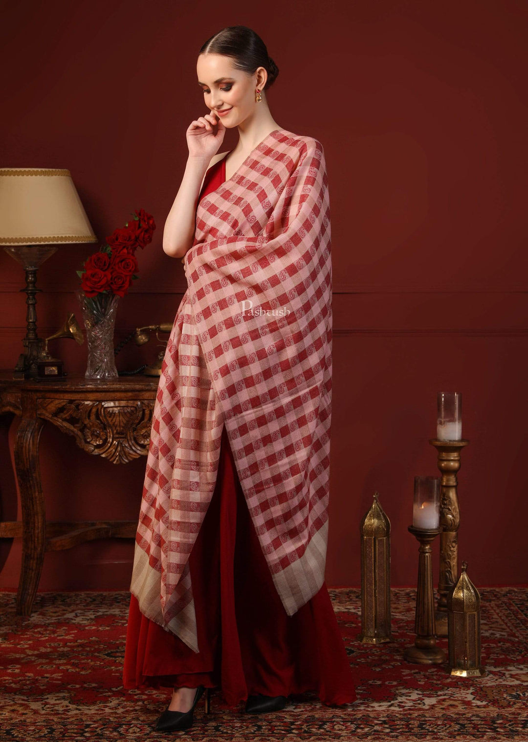 Pashtush India 70x200 Pashtush Women’s Extra Fine Soft Wool Checkered Stole, Beige And Maroon