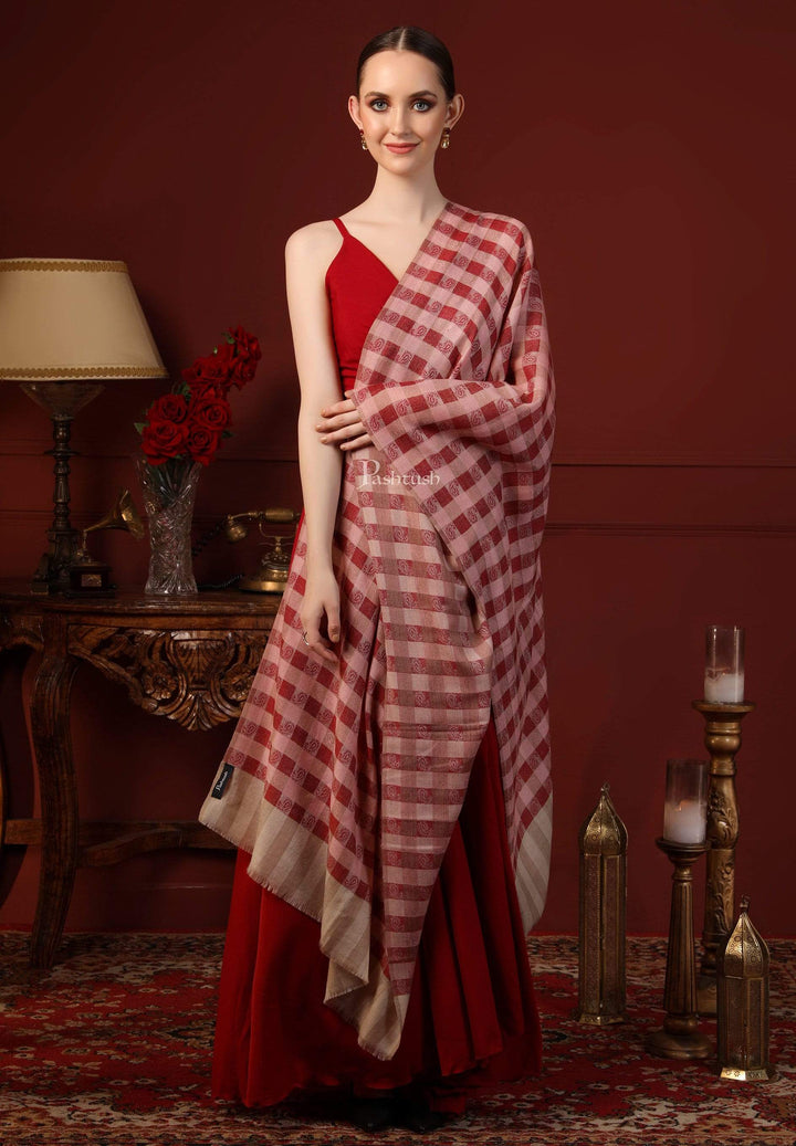 Pashtush India 70x200 Pashtush Women’s Extra Fine Soft Wool Checkered Stole, Beige And Maroon