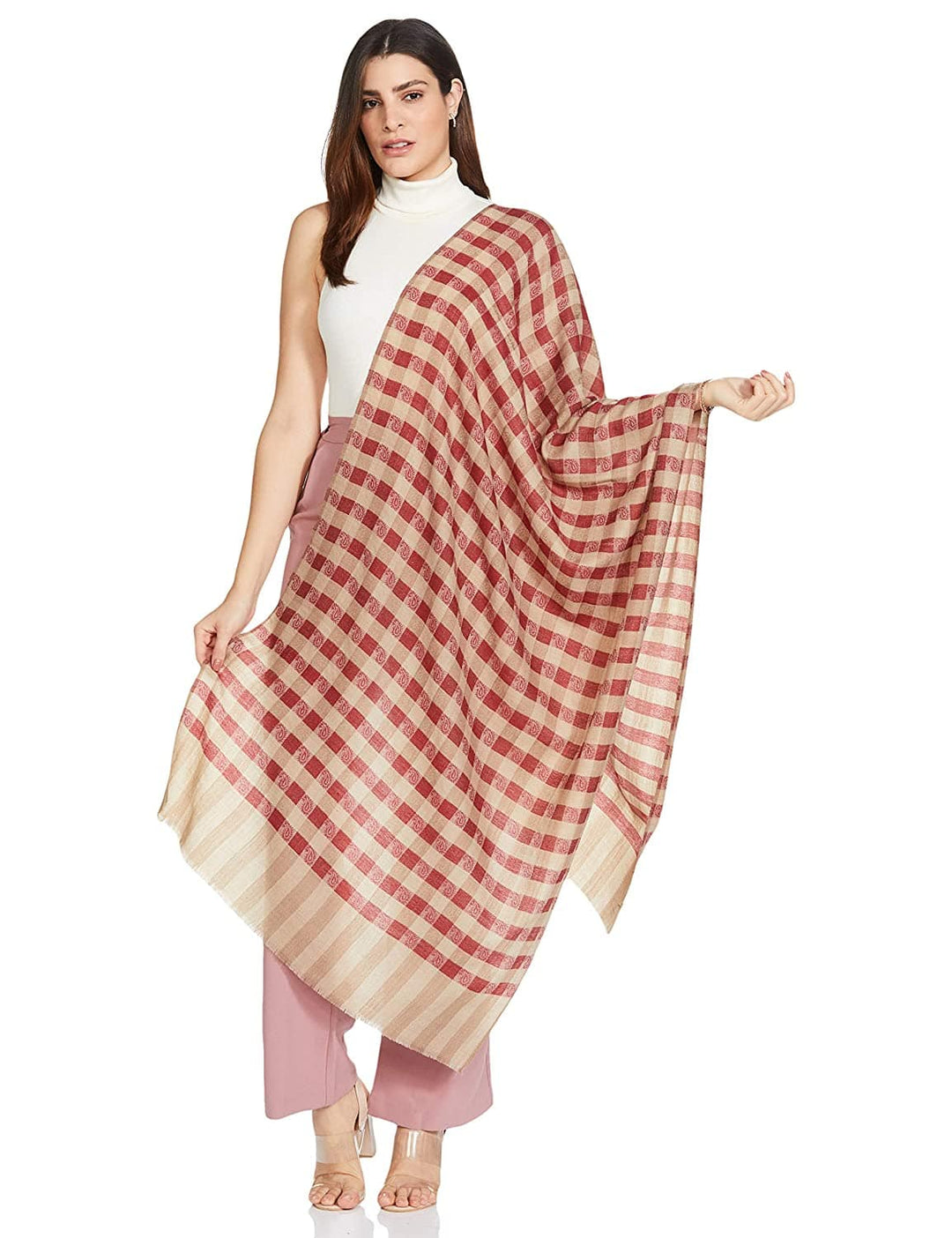 Pashtush India 70x200 Pashtush Women’s Extra Fine Soft Wool Checkered stole, Beige and Red