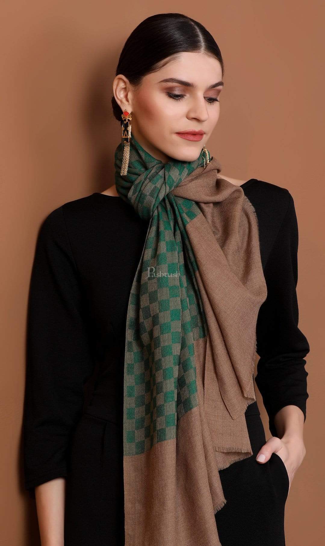 Pashtush India 70x200 Pashtush Women’s Extra Fine Soft Wool Checkered stole, Green and Taupe