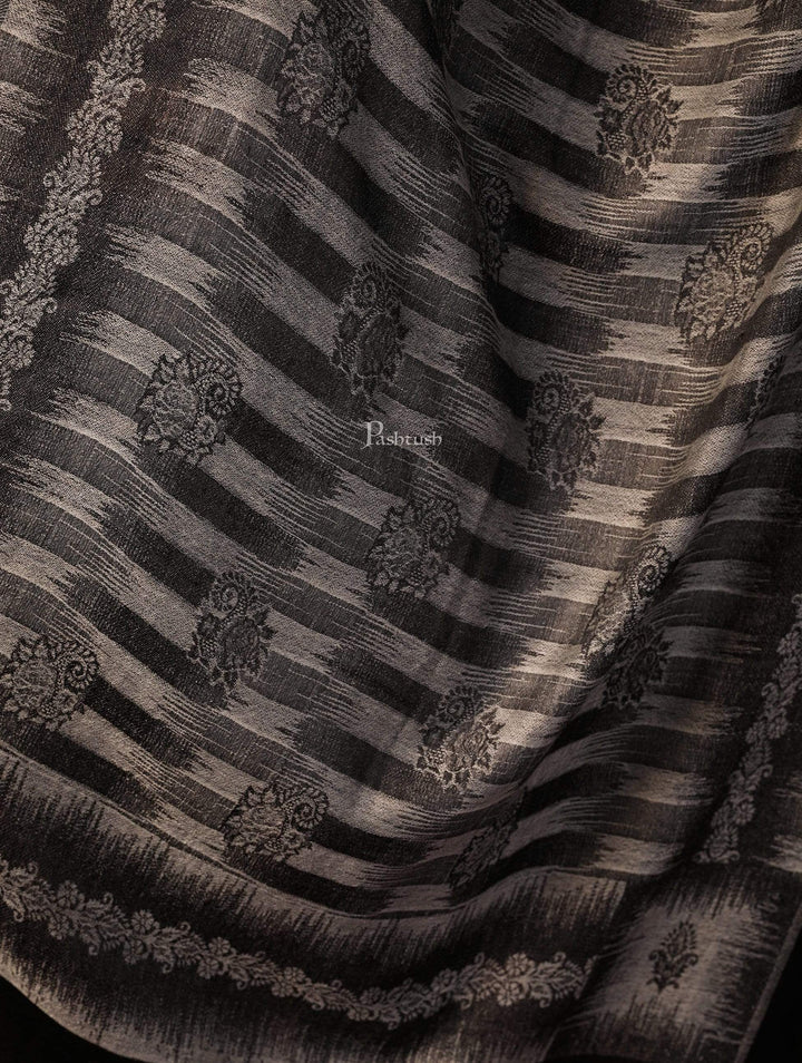 Pashtush India 70x200 Pashtush Women's Fine Wool Ikkat Design, Stole, Black and Grey