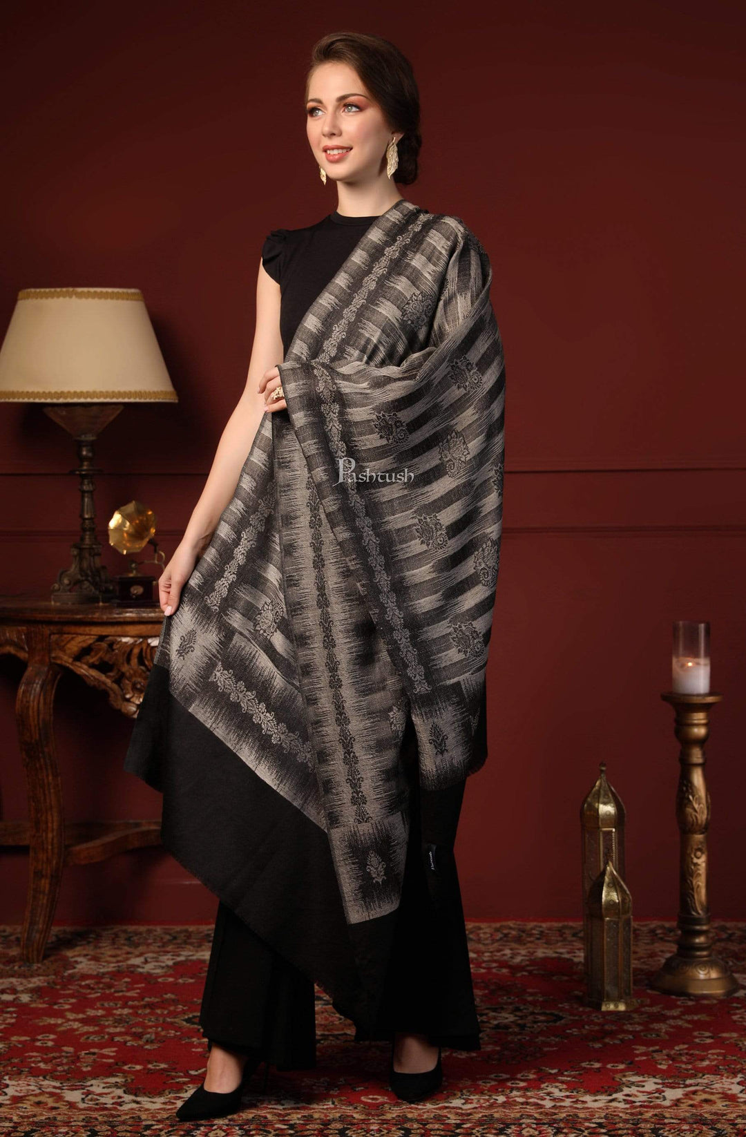 Pashtush India 70x200 Pashtush Women's Fine Wool Ikkat Design, Stole, Black and Grey