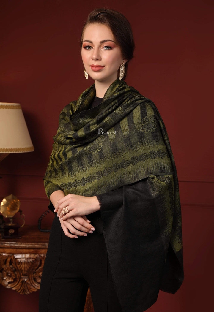 Pashtush India 70x200 Pashtush Women's Fine Wool Ikkat Design, Stole, Emerald Green