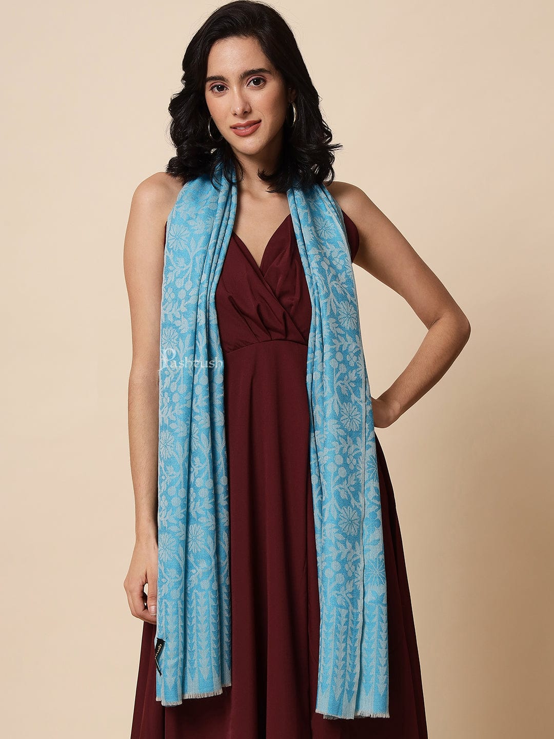 Pashtush Women's Fine Wool, Reversible Floral Scarf, Soft And Warm, Arctic Blue