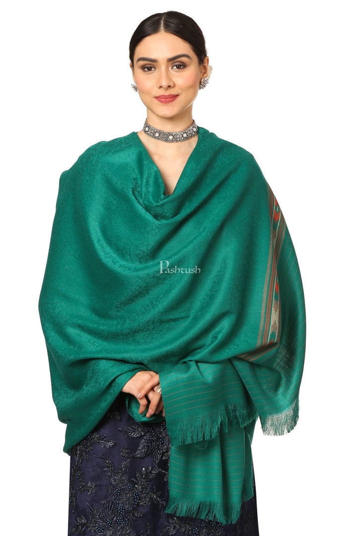 Pashtush India Womens Shawls Pashtush Women'S Fine Wool Shawl, Soft And Warm, Aztec Design, Jacquard Weave - Bottle Green
