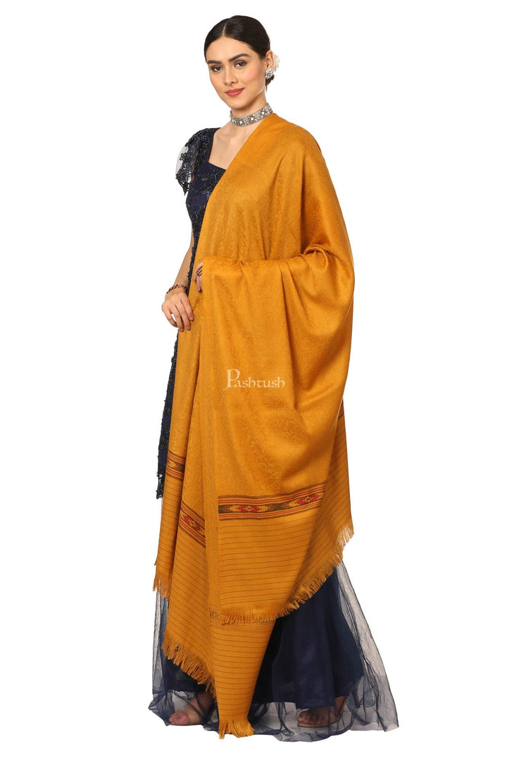 Pashtush India Womens Shawls Pashtush Women'S Fine Wool Shawl, Soft And Warm, Aztec Design, Jacquard Weave - Palla Mustard