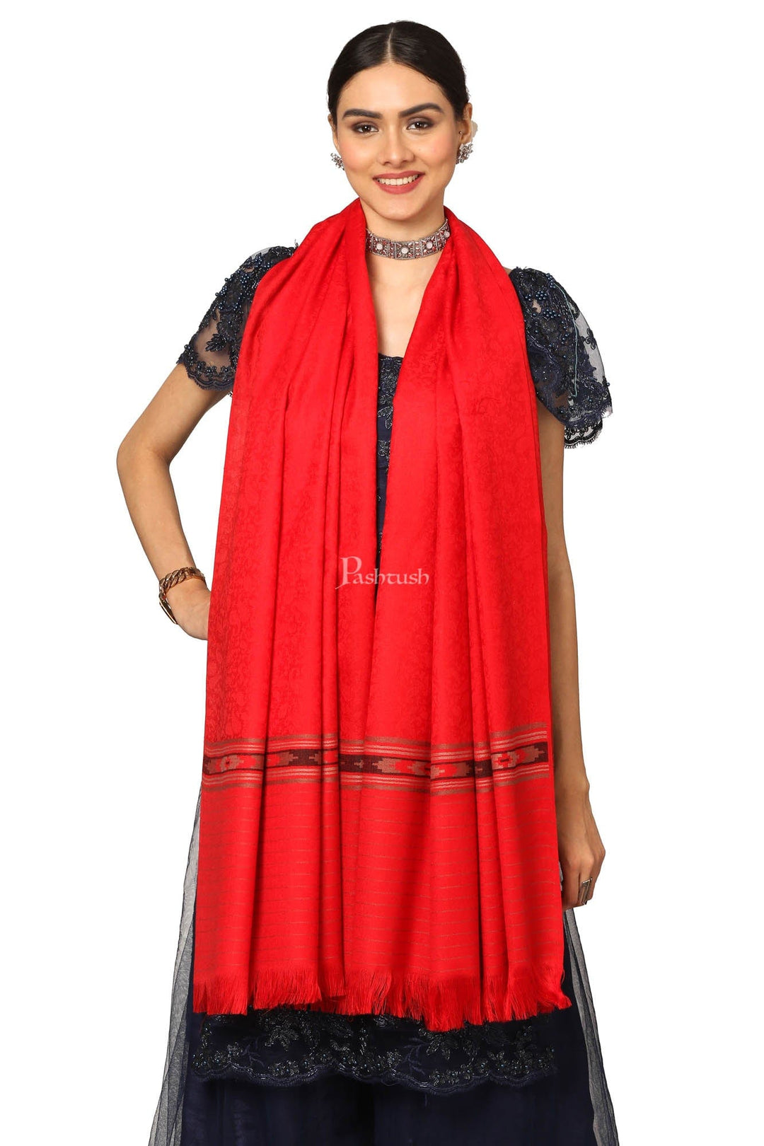 Pashtush India Womens Shawls Pashtush Women'S Fine Wool Shawl, Soft And Warm, Aztec Design, Jacquard Weave - Red